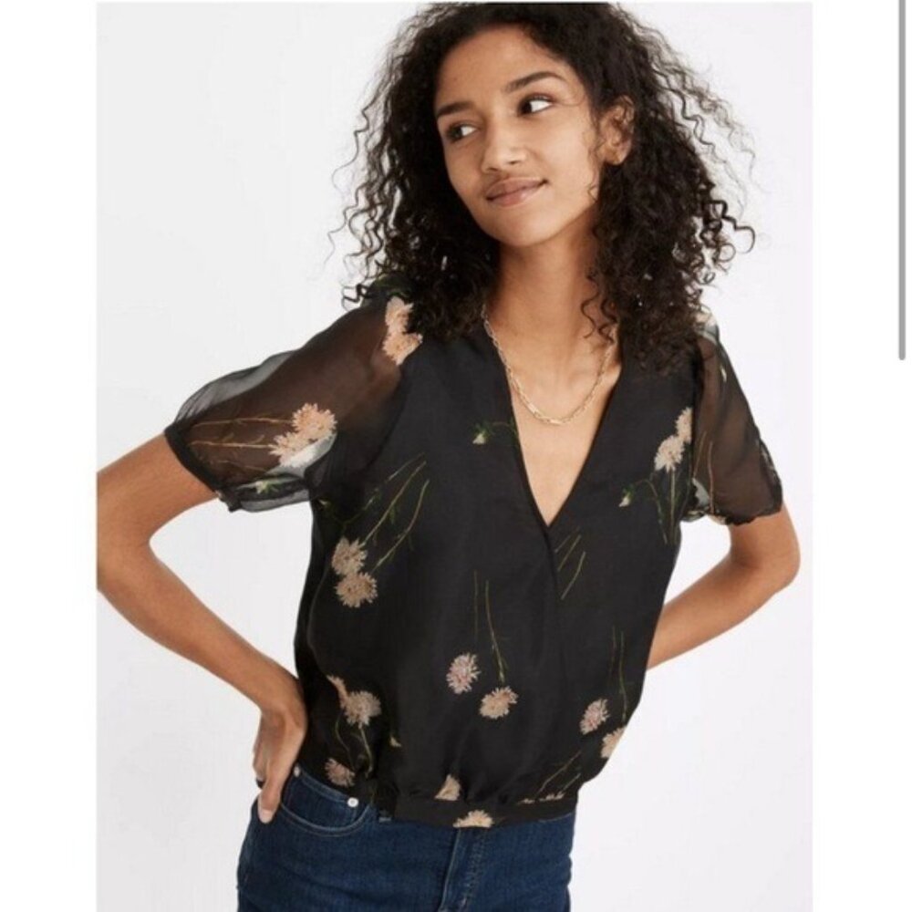 NWT Madewell Silk Organza Black Floral Wrap Blouse